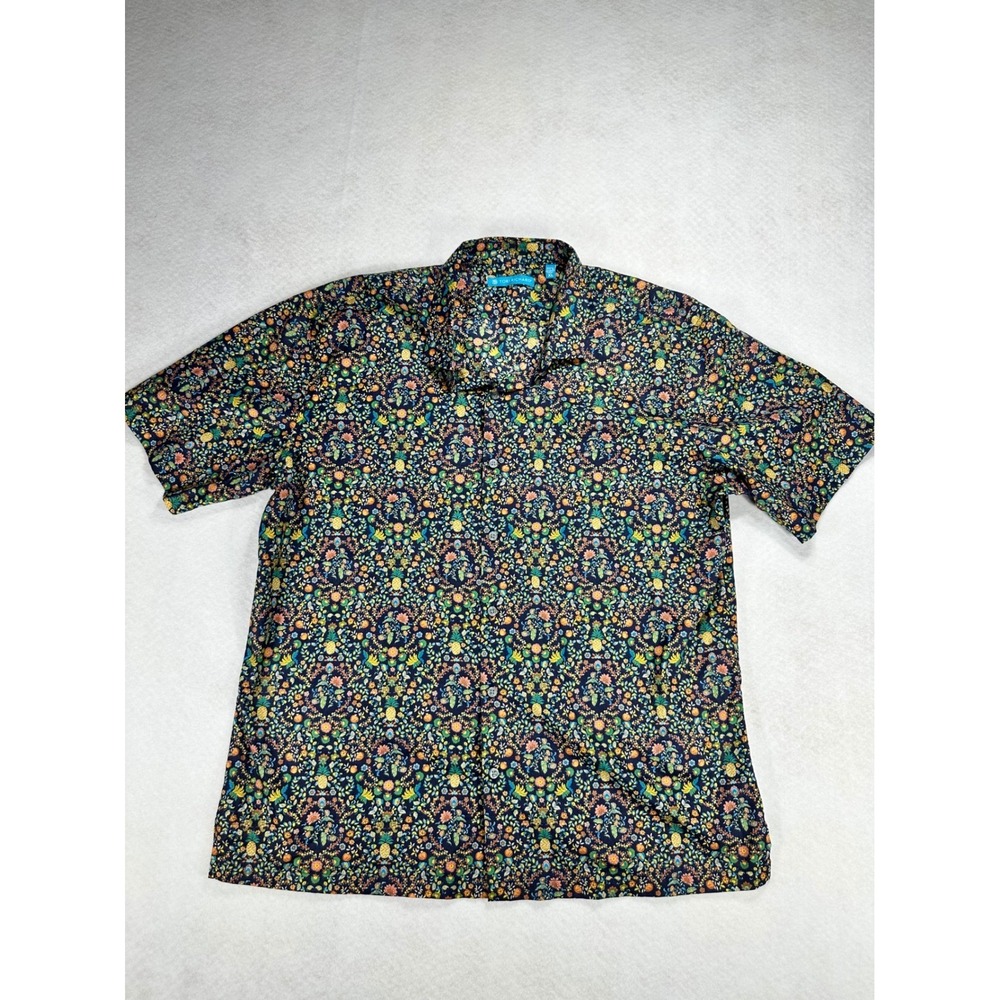 Tori Richard Mens XL Aloha Shirt Pineapple Floral Navy Blue Button Up Hawaii